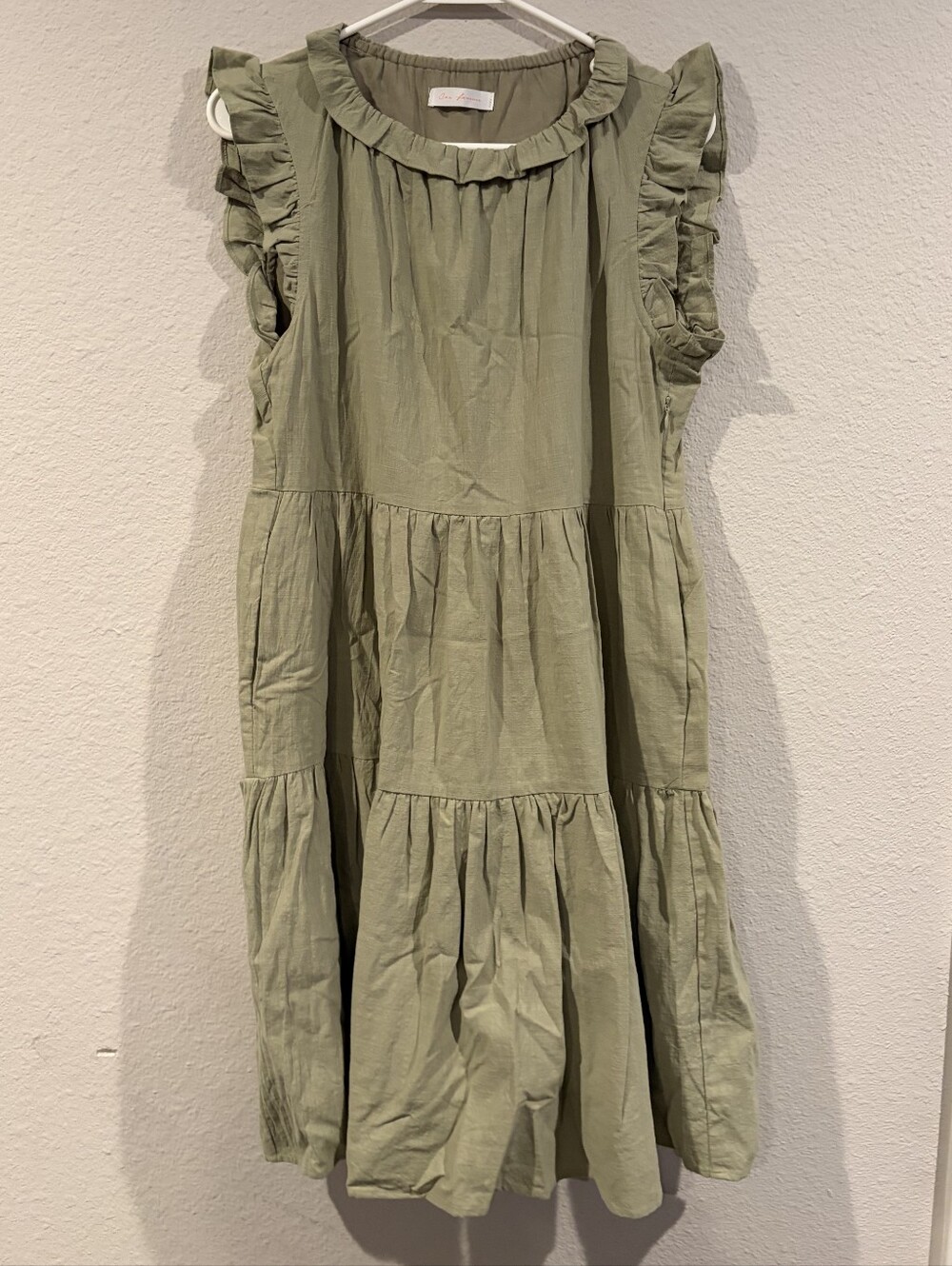 Ces Femme Sage Green 100% Cotton Rayon Tiered Ruffle Trim Mini Dress Size Medium